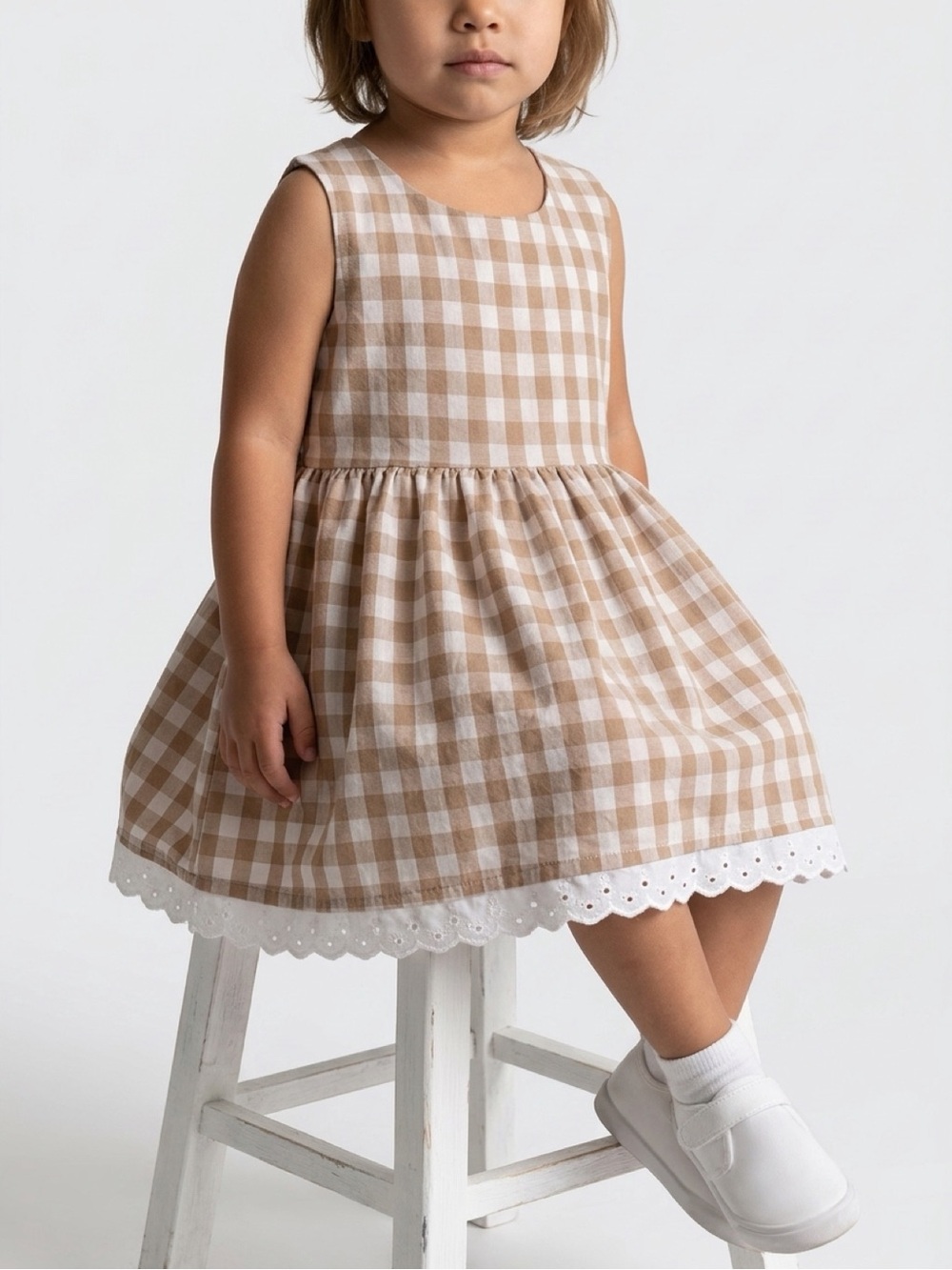 Vintage Beige and White Gingham 2T Casual Dress - Picture 6 of 6
